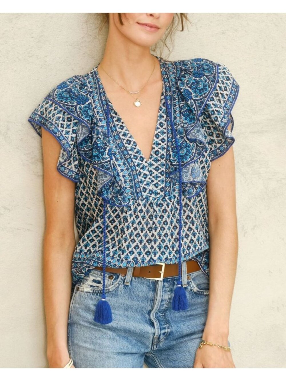 NWT M.A.B.E Viti Print Frill Top Blue Size XS